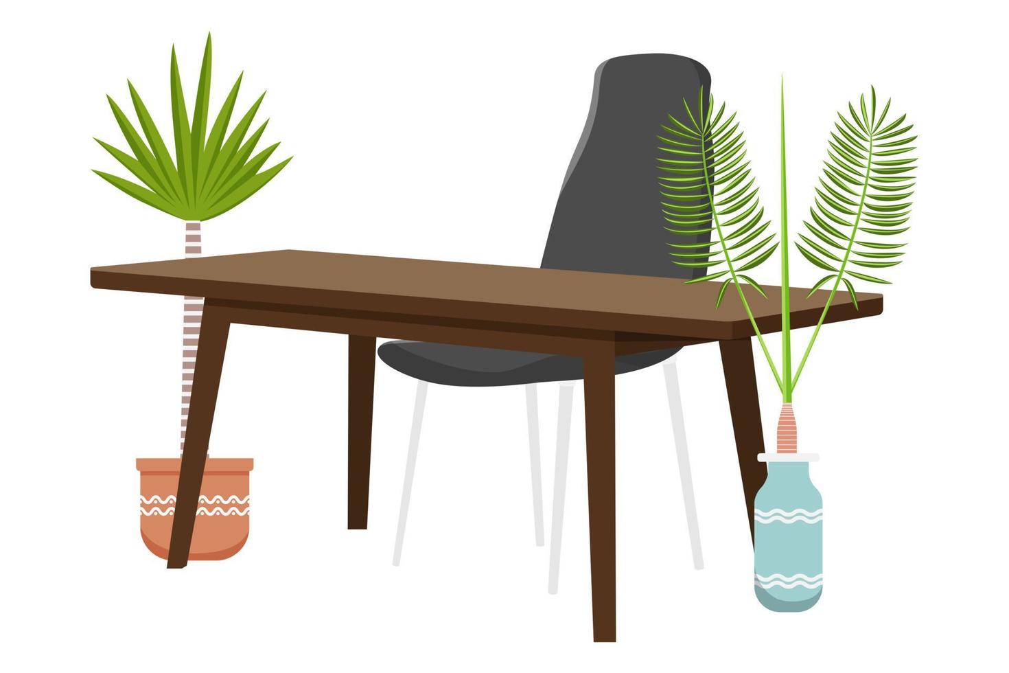 Desk with modern beautiful wooden chair and table with beautiful design with 3d view isolated with house plants vector