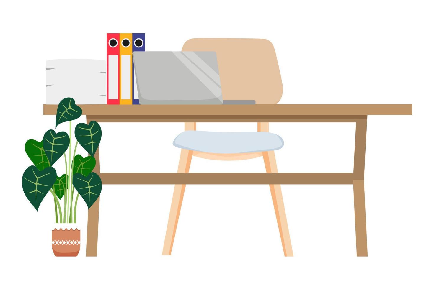 Flat modern desk for home office freelancer with wooden chair table and pc laptop computer with some paper pile file folder house plants vector