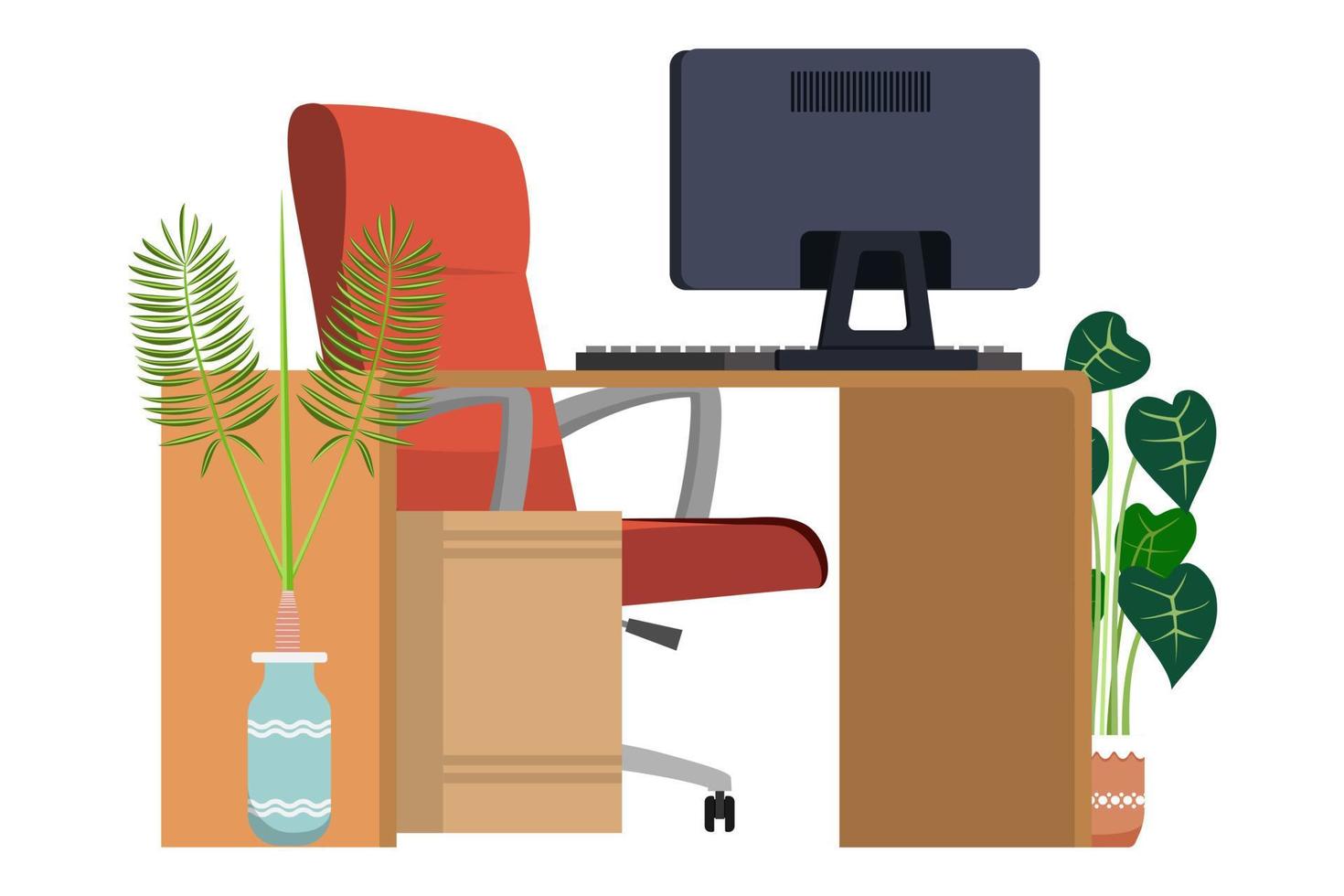 escritorio vacío moderno para freelance de oficina en casa con cajón de mesa de silla y con computadora pc y con plantas de interior vector