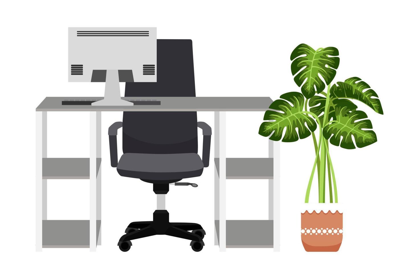 Modern cute beautiful desk with chair table pc computer with plants for house and office vector