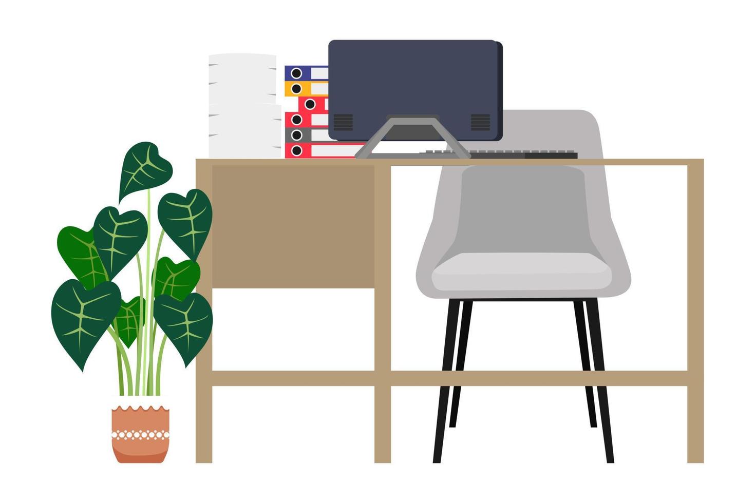 Modern desk for modern home office freelancer with table chair and drawer with pc computer some paper pile folders with house plants vector