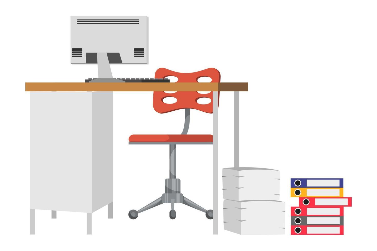 escritorio moderno para freelance de oficina en casa moderna con mesa, silla y cajón con computadora pc algunas carpetas de pila de papel vector