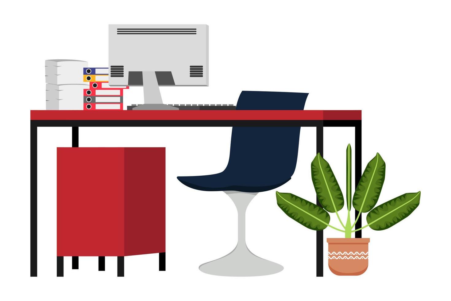 Beautiful modern home office freelancer desk with chair table and pc computer and with some paper pile folders and house plant vector