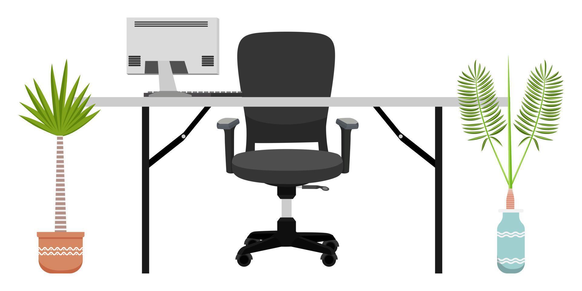 Modern desk for freelancer home office with chair table pc computer house plants vector