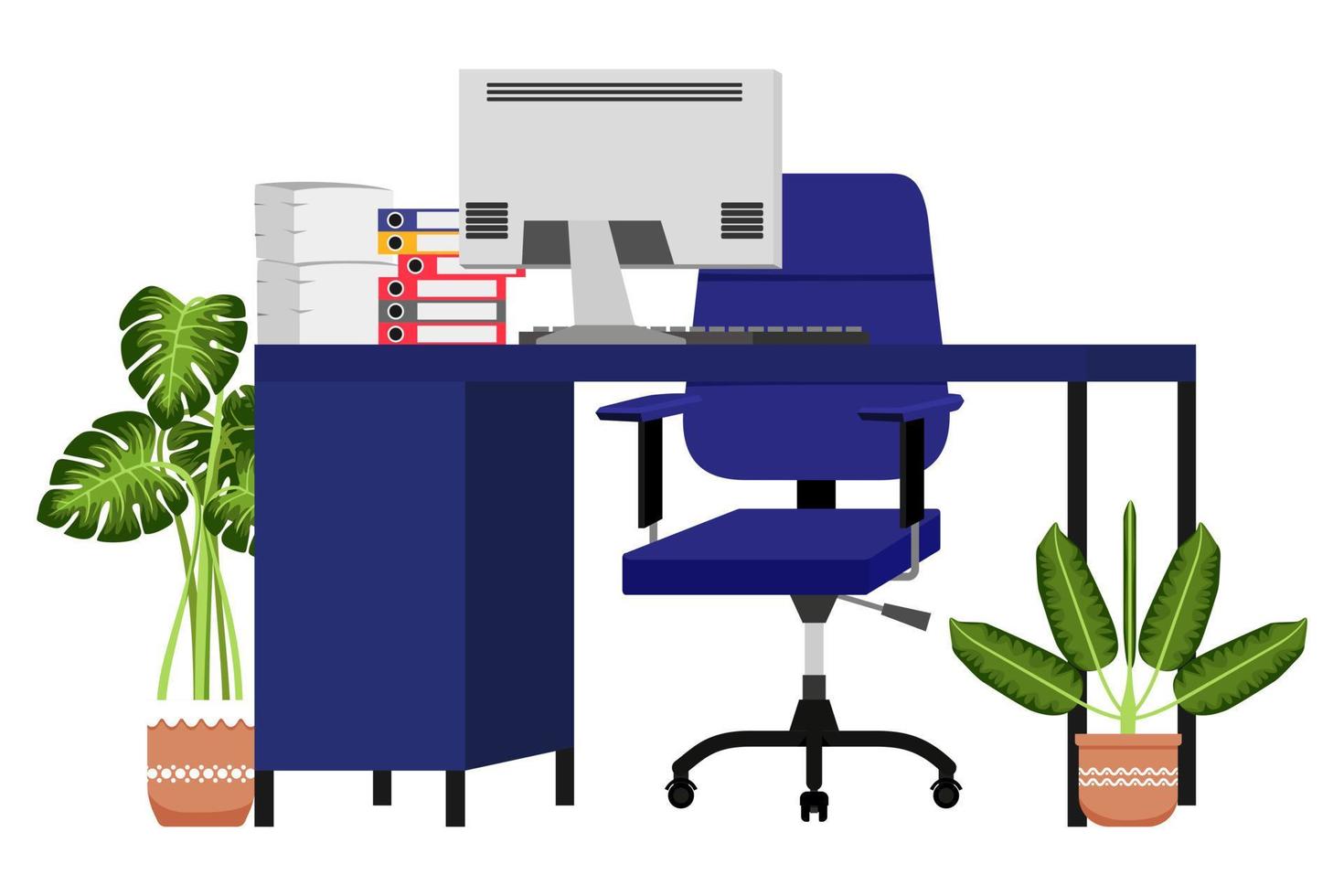Beautiful desk with chair table and with some paper pile file folders pc laptop computer with house plants for home office freelancer vector