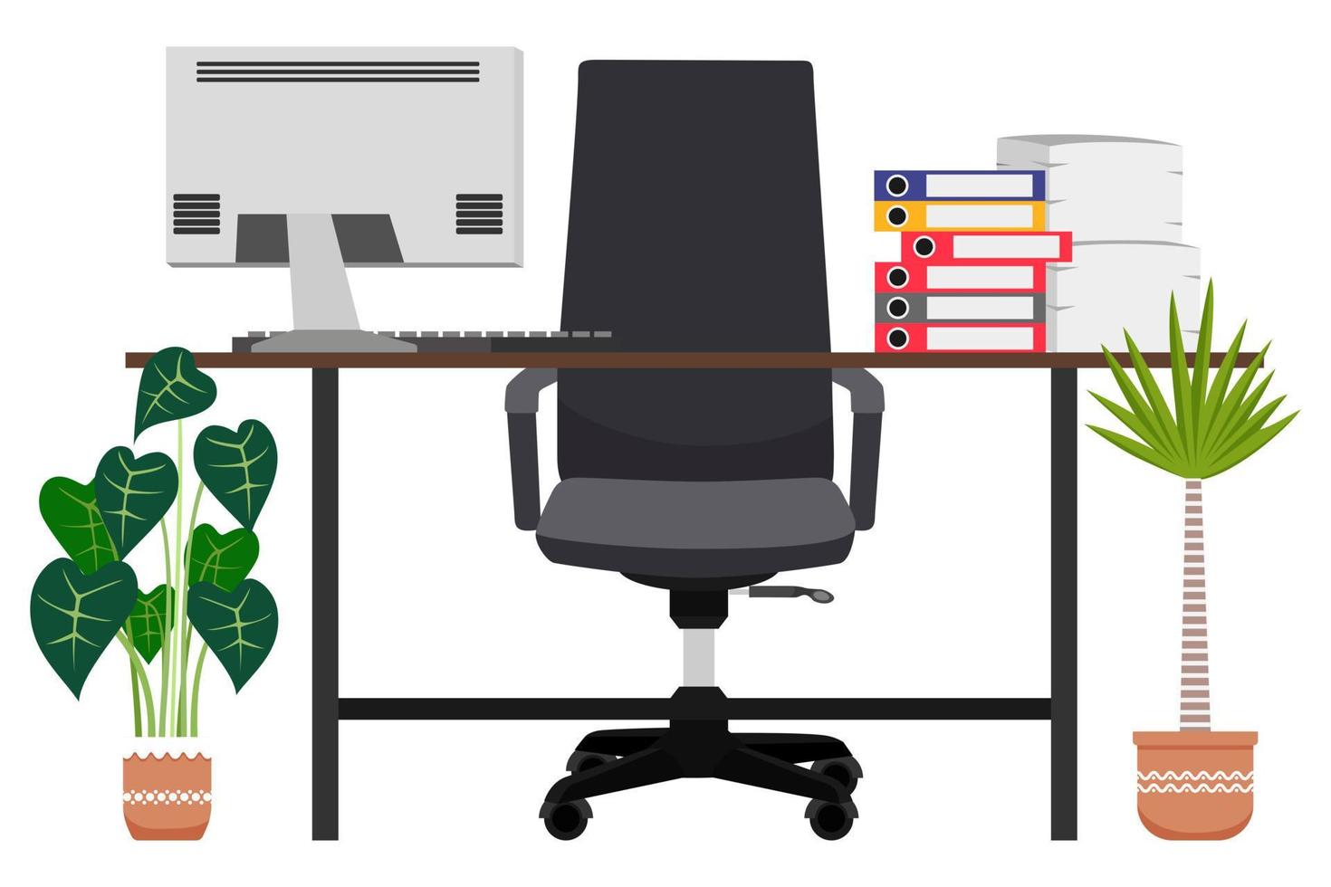 escritorio vacío moderno para freelance de oficina en casa con cajón de mesa de silla y con computadora pc y con algunas carpetas de archivos de pila de papel aisladas con plantas de la casa vector