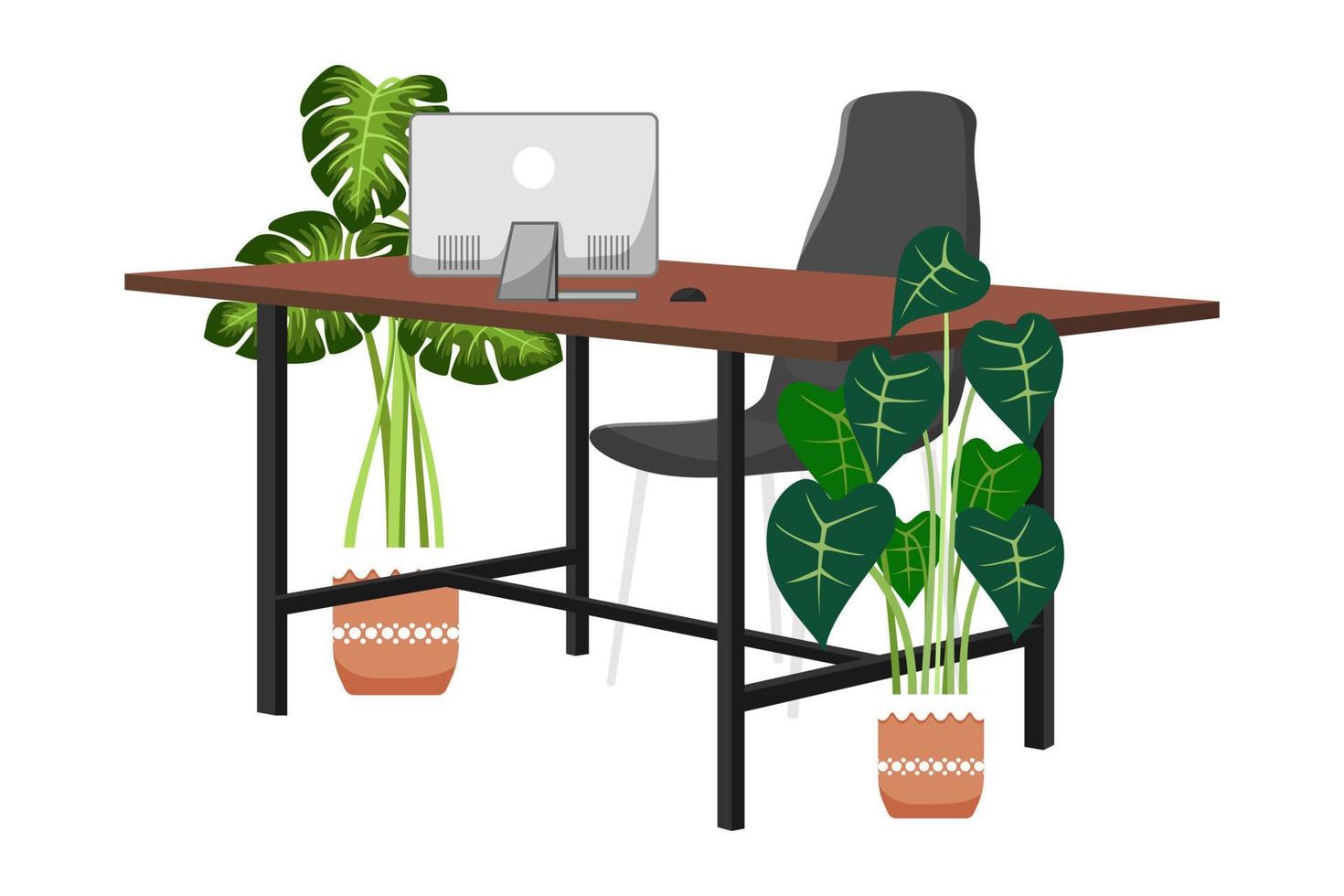 escritorio vacío moderno para freelance de oficina en casa con mesa de silla y con computadora pc y con vista 3d de plantas de la casa vector