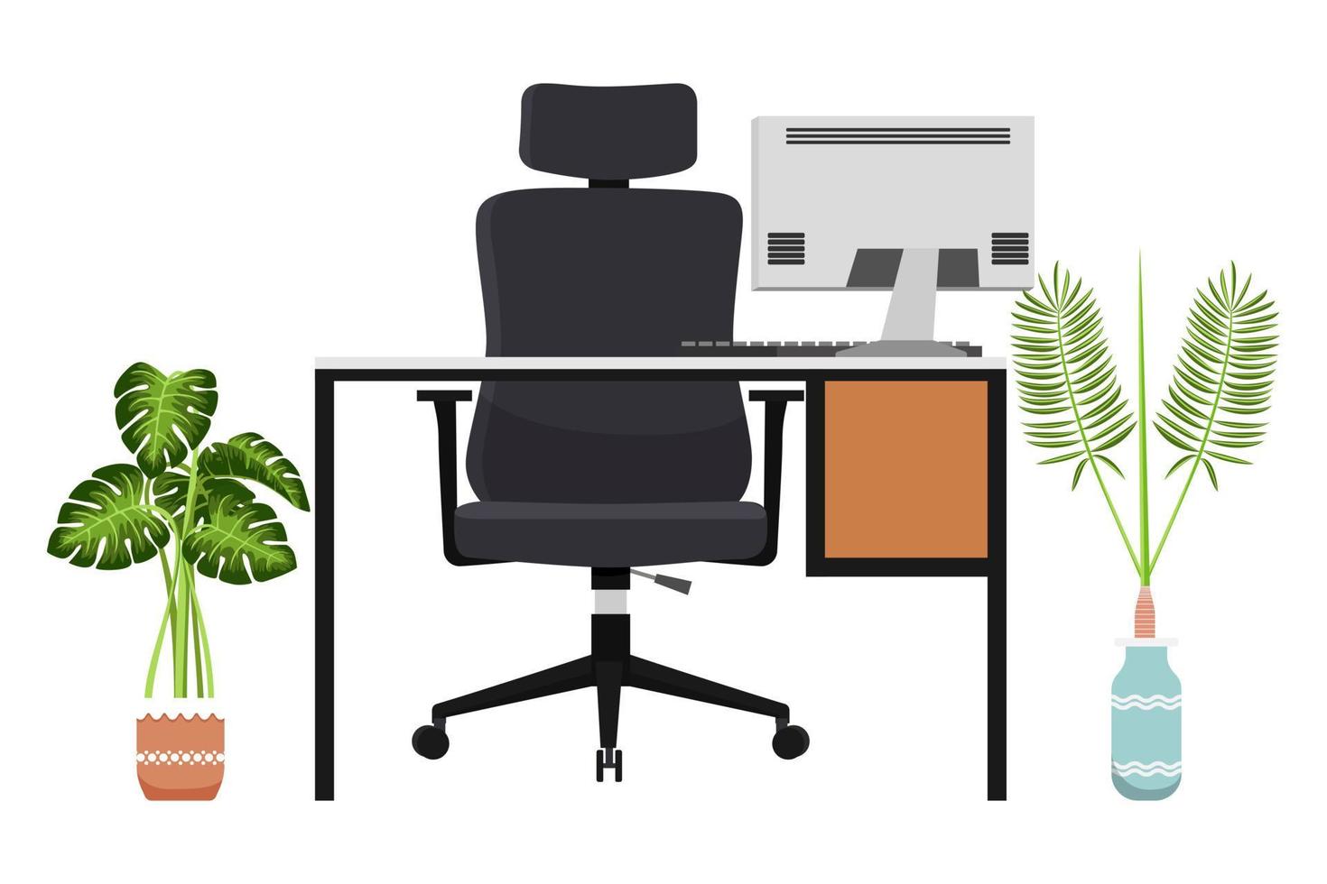 escritorio moderno plano para la oficina en casa freelancer con silla mesa gabinete cajón computadora pc con plantas de interior vector