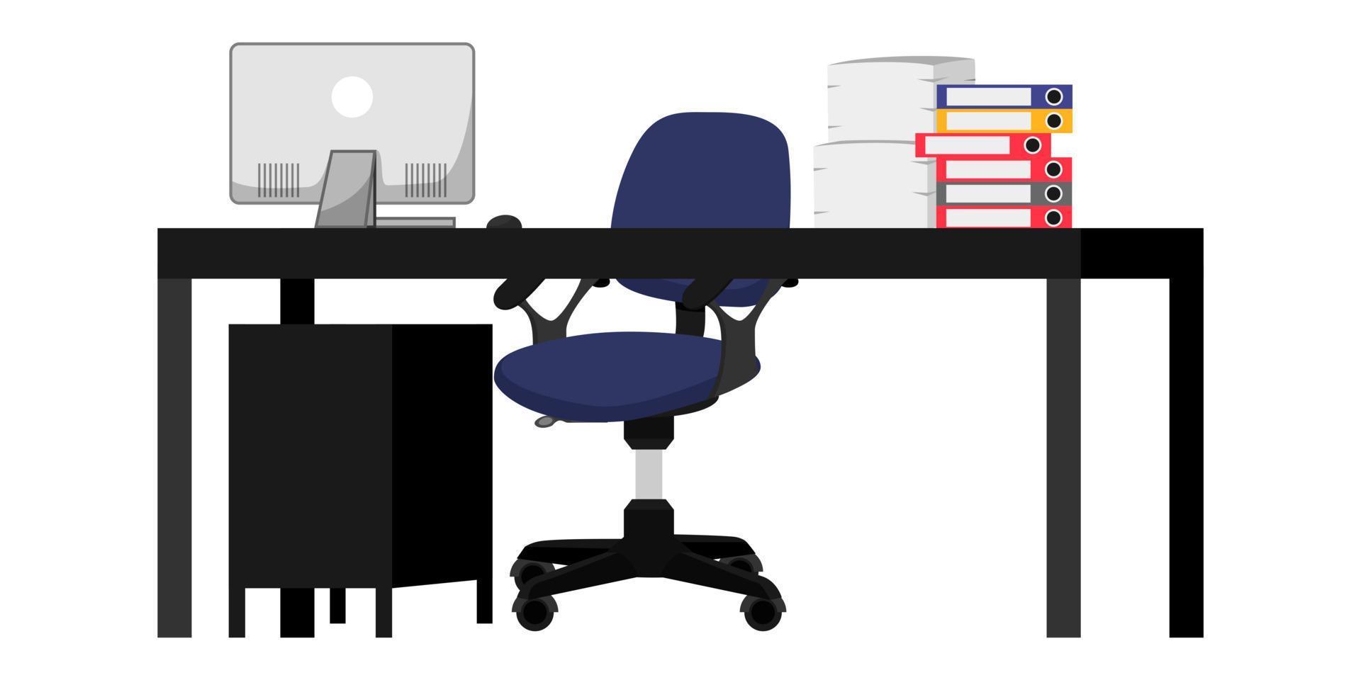 Desk with modern chair table cabinet drawer with pc computer some paper pile file folders vector