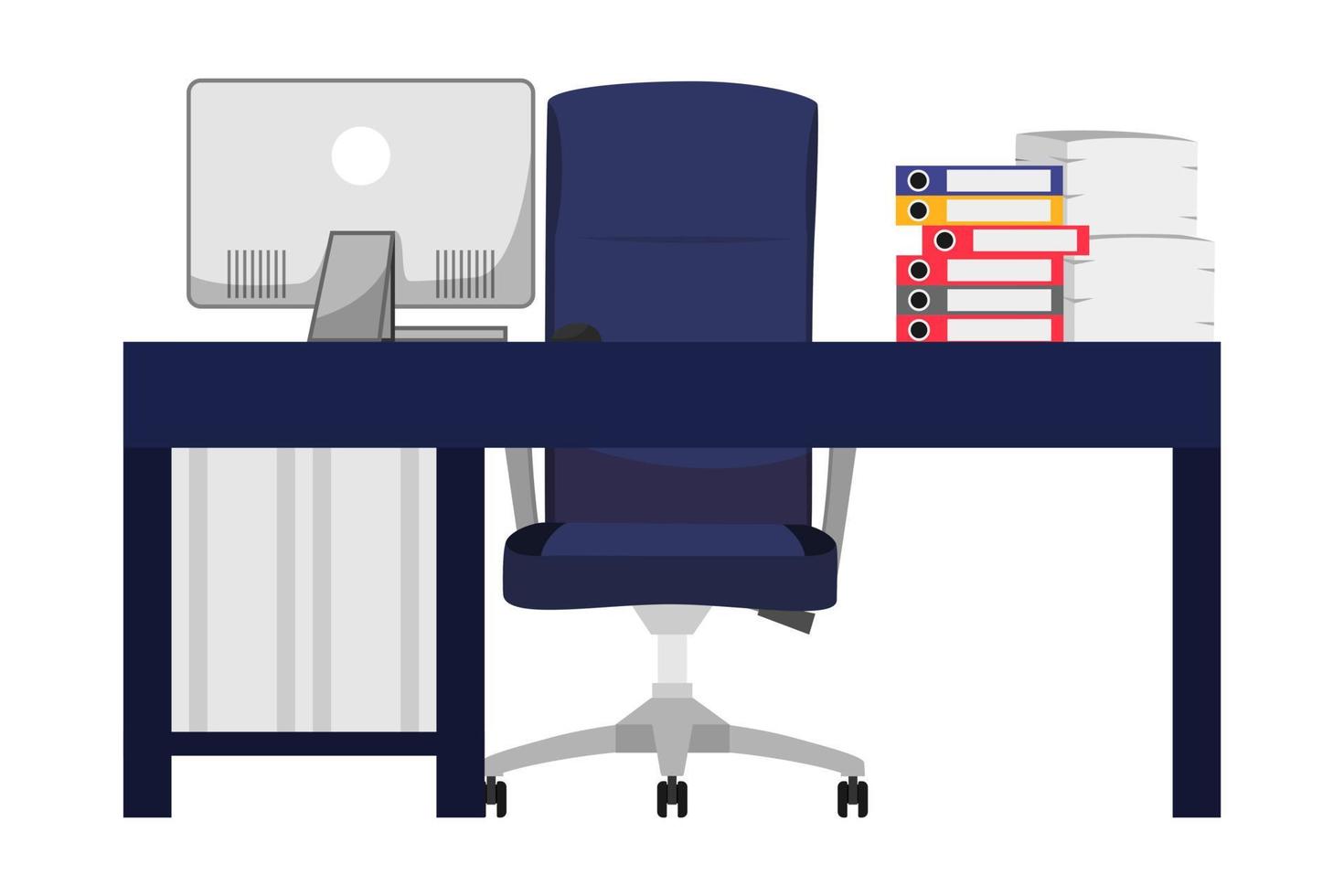 Modern Office home freelance desk with modern table chair laptop computer some paper pile file folders vector