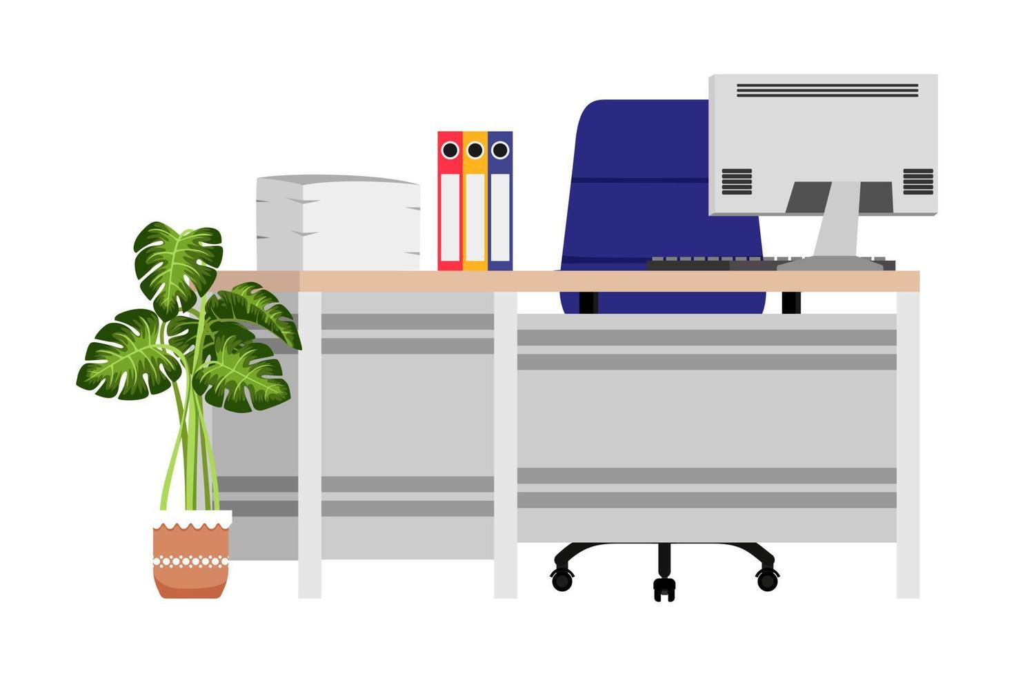 Modern beautiful desk for home office freelancer with table chair and with drawer pc computer and house plants with some paper pile files and folders vector