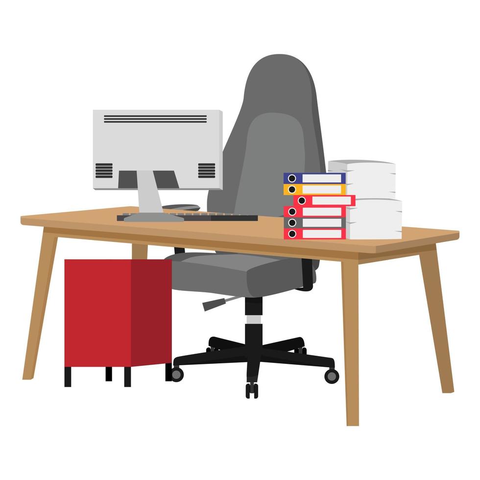 Desk with modern wooden chair and table with beautiful design with 3d view with some paper pile file folders pc computer with cabinet drawer vector