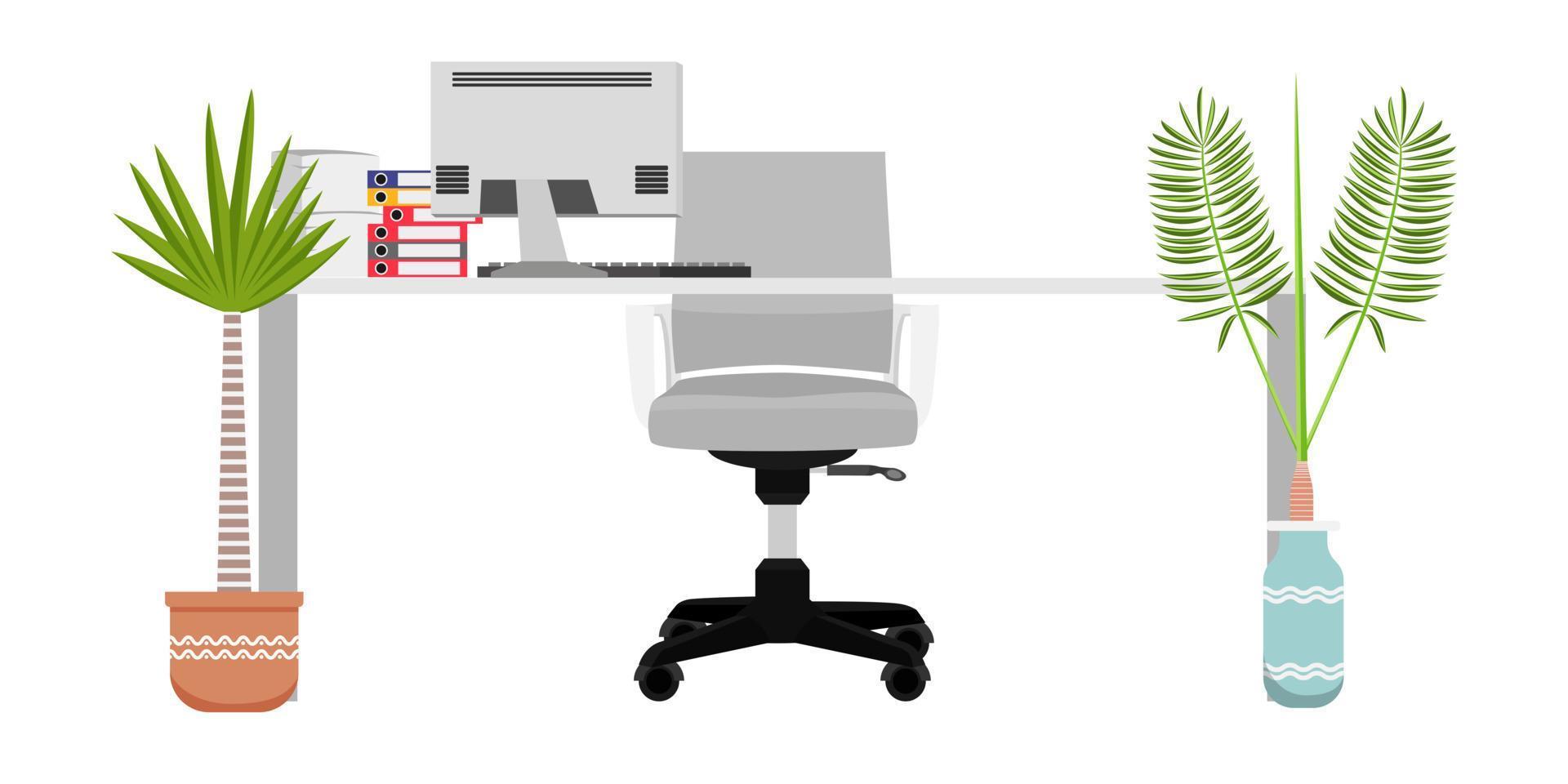 Modern desk for freelancer home office with chair table pc computer with some paper pile file folders house plants vector