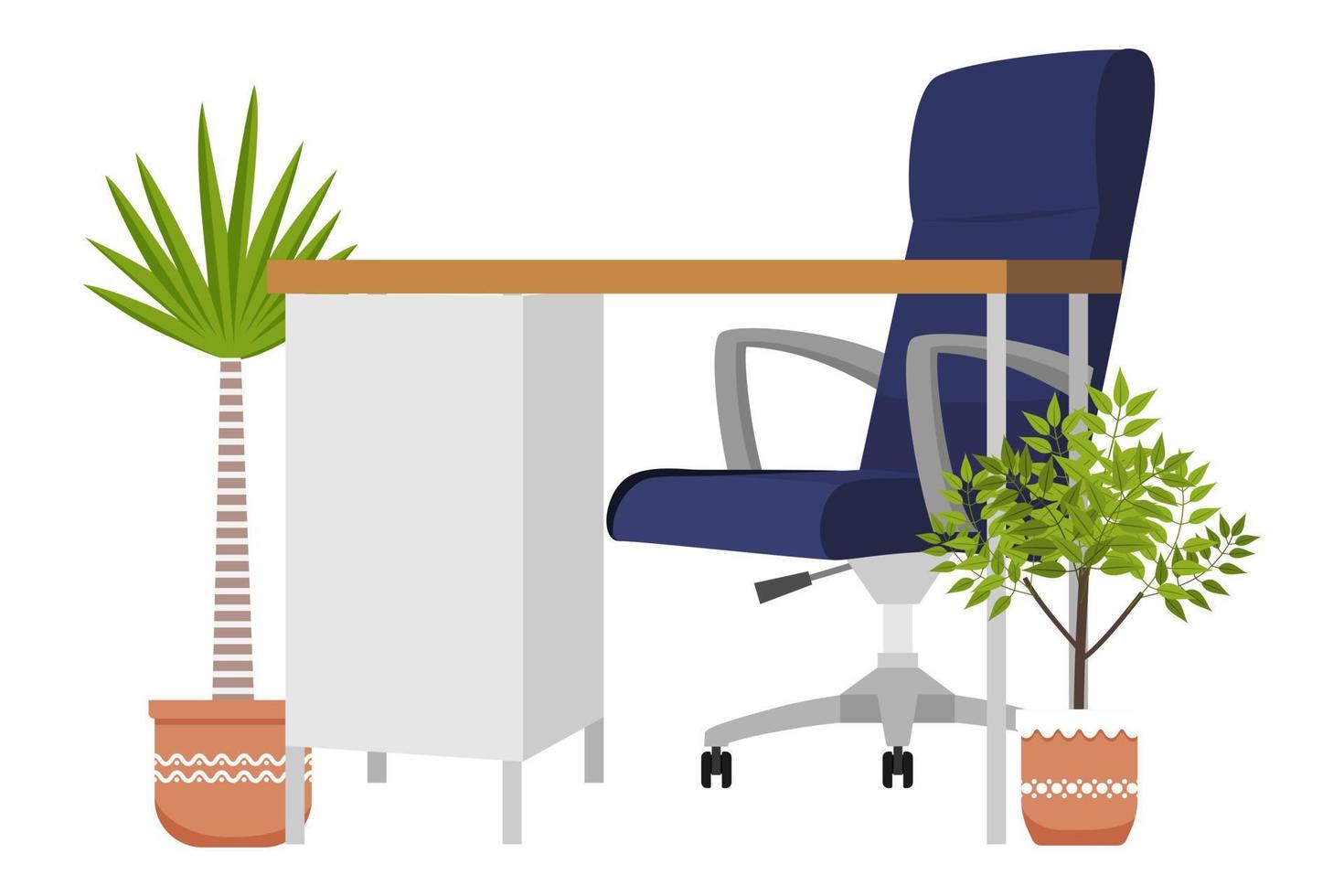 Modern desk for modern home office freelancer with table chair and drawer with house plants vector