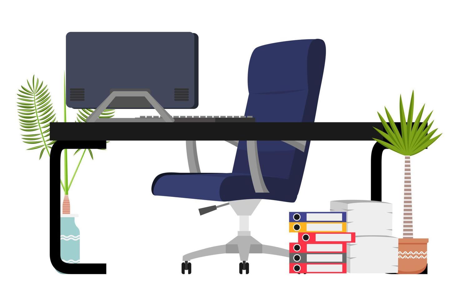 Desk with modern chair table with pc computer some paper pile file folders and house plants vector