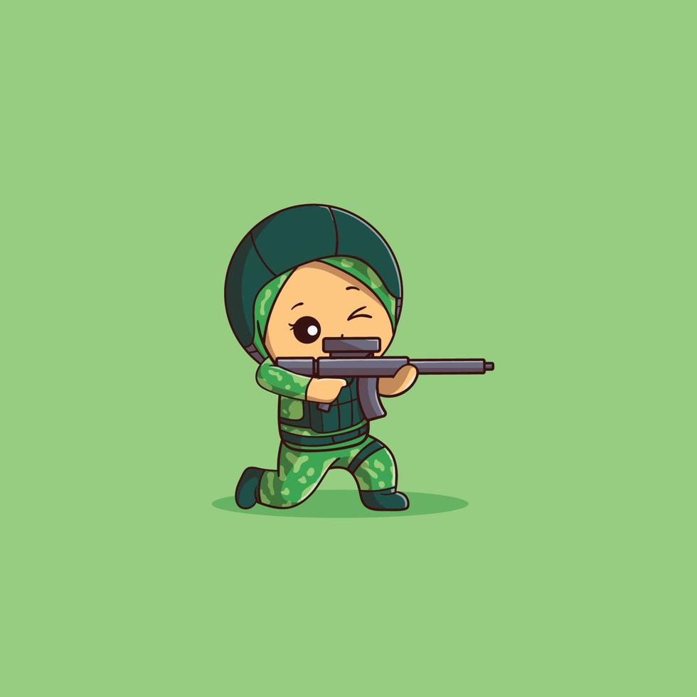 cute illustration of Muslim female soldier posing aiming at opponent vector