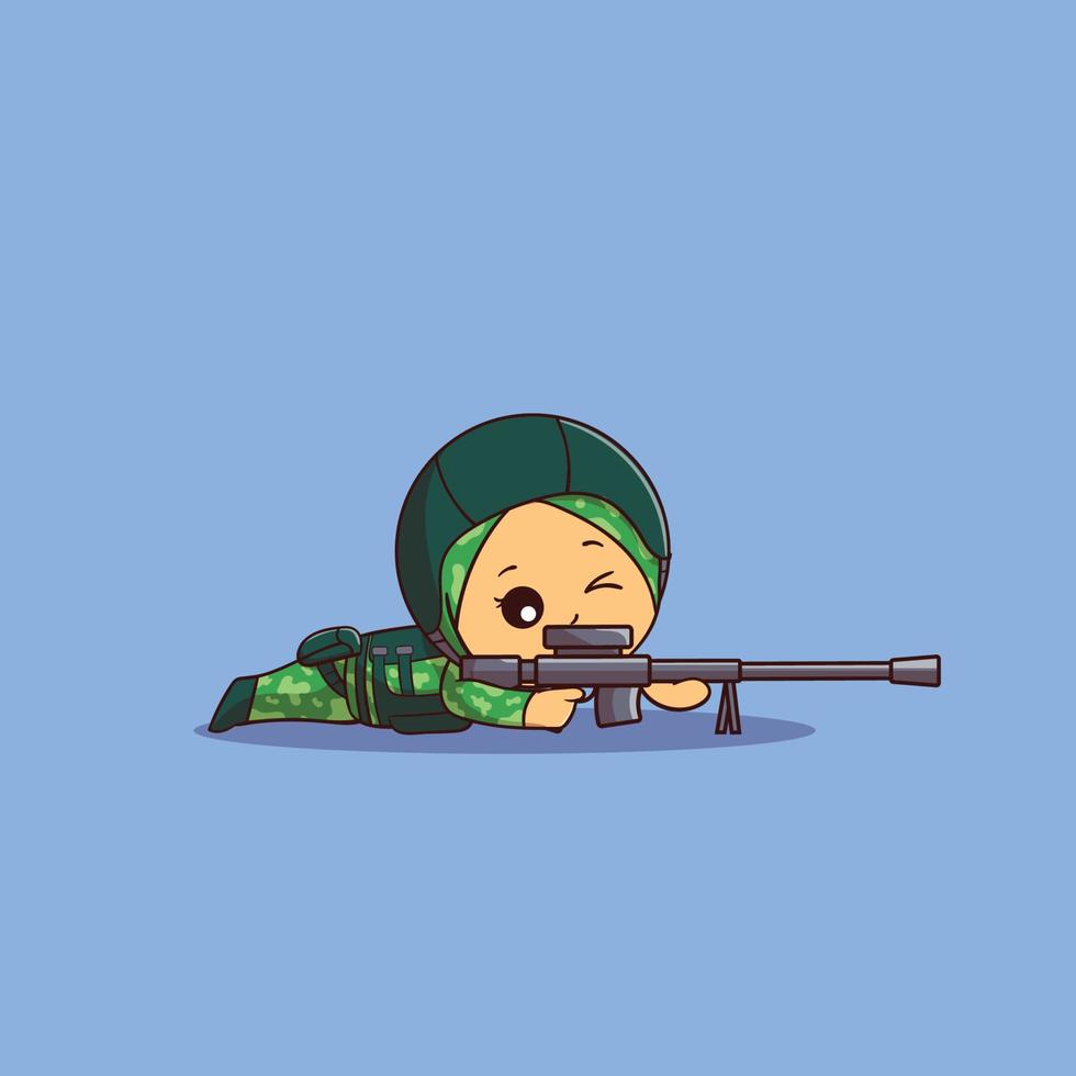 cute illustration of Muslim female soldier lying down with sniper vector