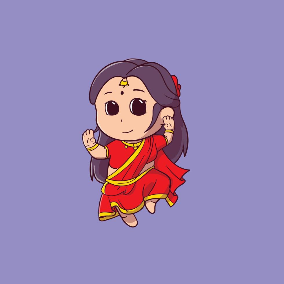 Cute male Indian people dancing bollywood with red dress flat cartoon style Premium Vector