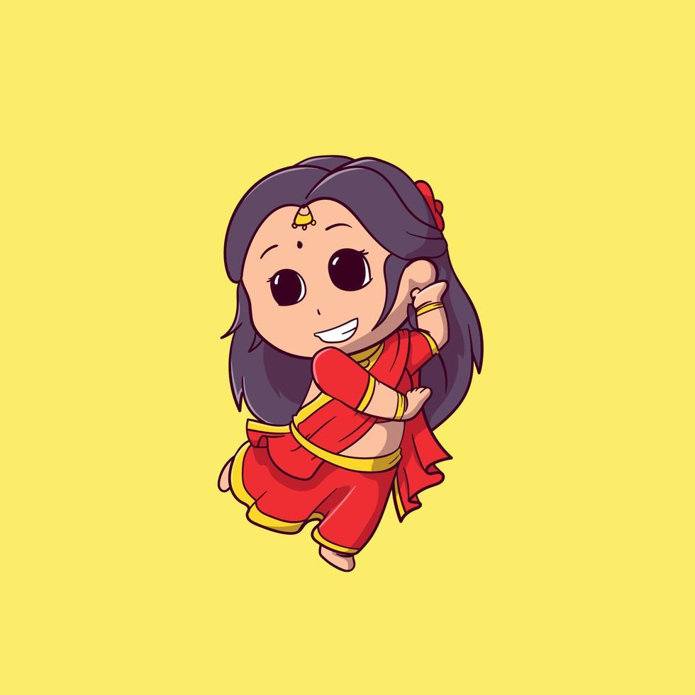 Cute female Indian people dancing bollywood with red costume vector