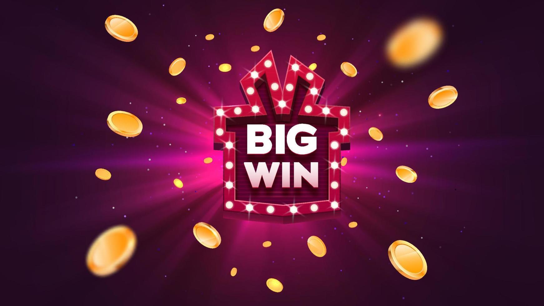 Big win prize gift box with red retro board sign vector illustration. Win congratulations explosion coins on purple background