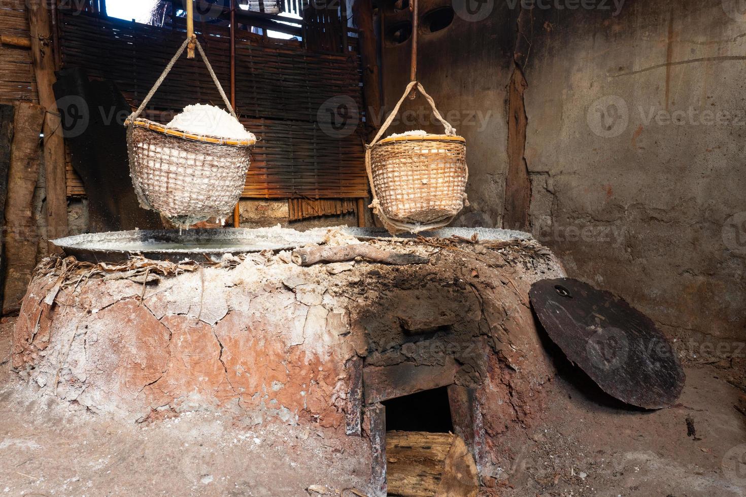 Imagen de la producción de sal de roca natural hirviendo solución salina del estanque de sal de sinthao en el pequeño pueblo de Nan, Tailandia foto