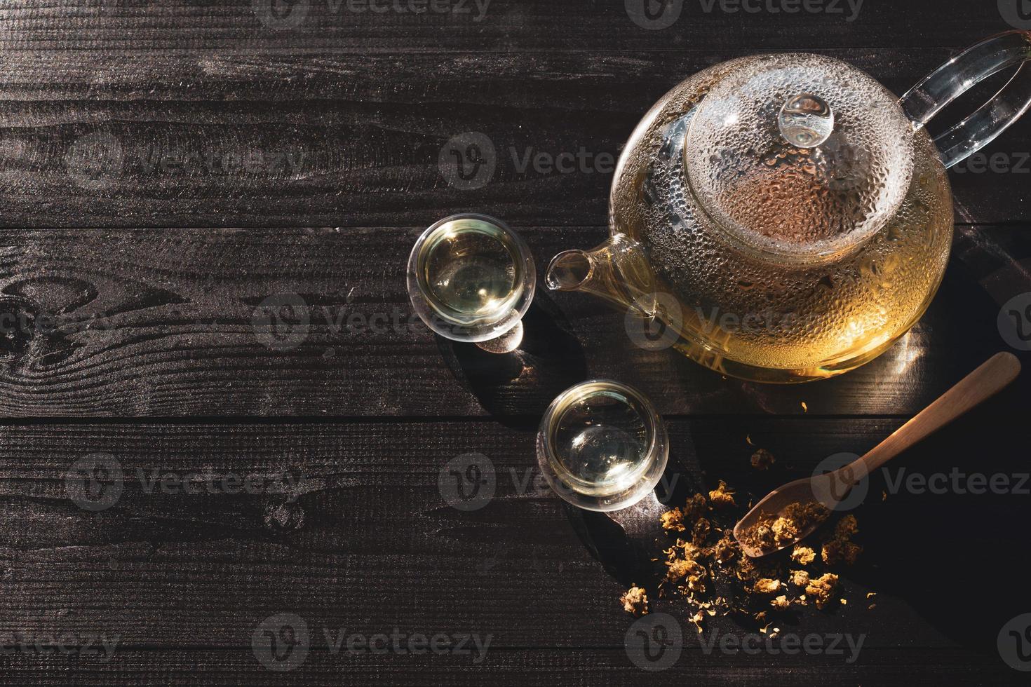 view from above of tea kettle and cup on wooden table photo