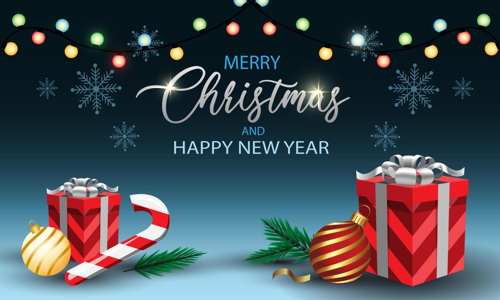 Feliz Navidad y feliz año nuevo caja de regalo en azul con diseño de texto para el fondo de vector de celebración de festival de vacaciones