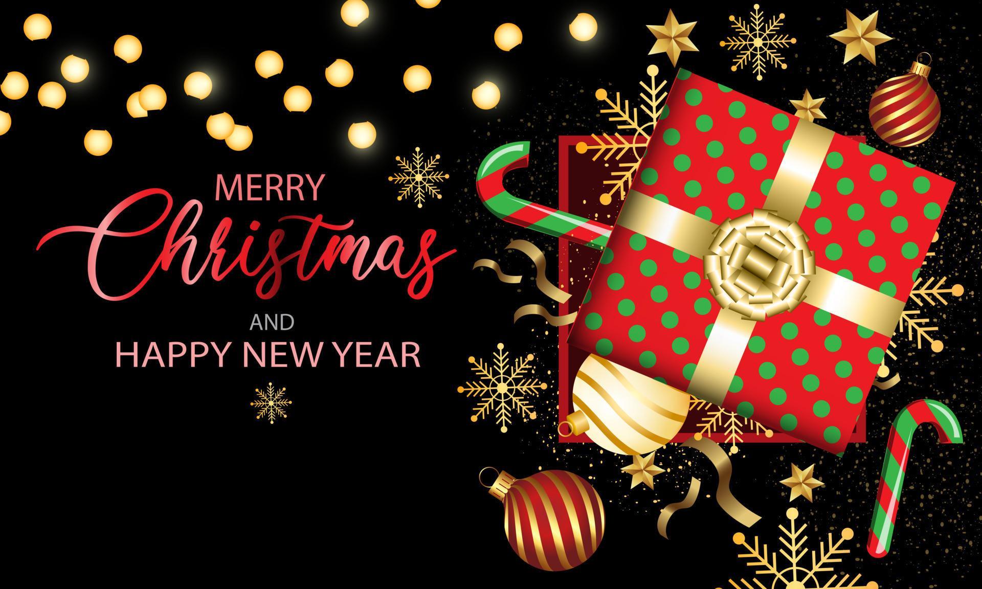 Merry Christmas and Happy New Year Gift box on black with text design ...