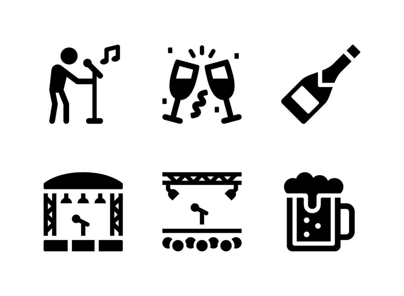 simple conjunto de iconos sólidos vectoriales relacionados con la fiesta. contiene íconos como karaoke, vítores, botella de vino y más. vector