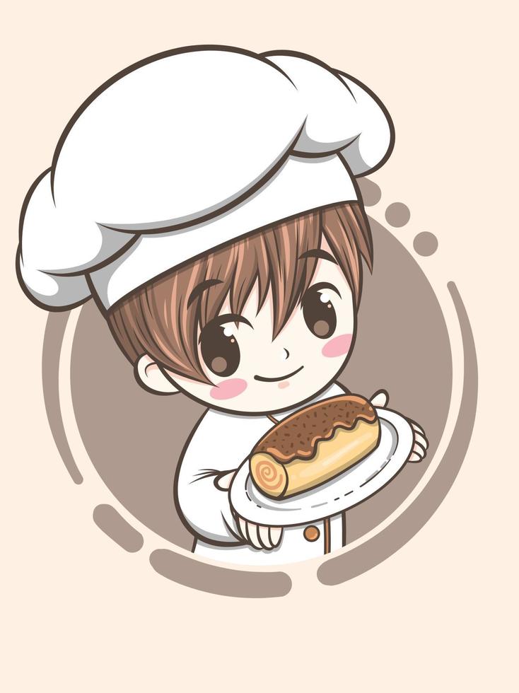 Lindo niño chef de panadería sosteniendo un pastel y pan - personaje de dibujos animados e ilustración de logotipo vector