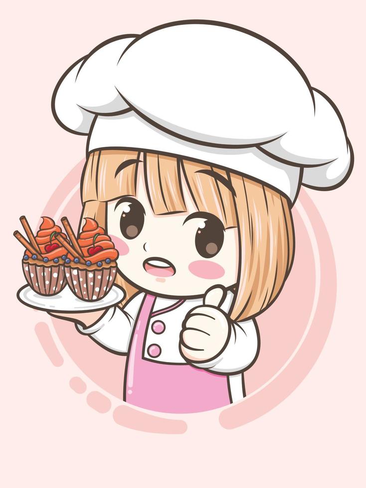 cute bakery chef girl holding a cake and bread - cartoon character and logo illustration vector