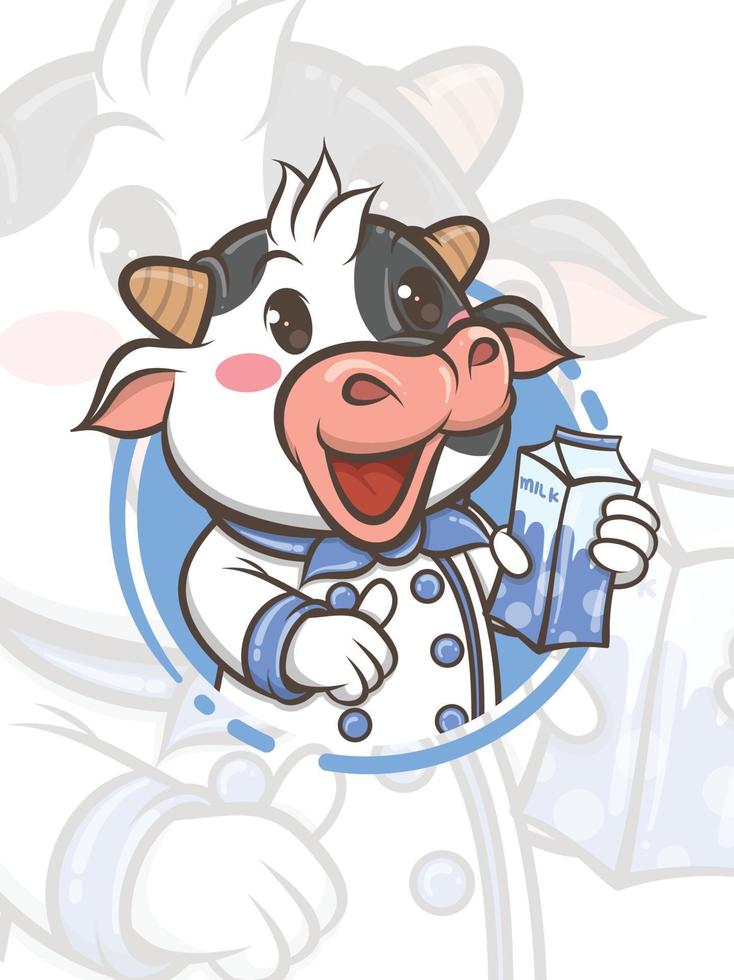 cute chef cow cartoon character holding packaged milk - mascot and illustration vector