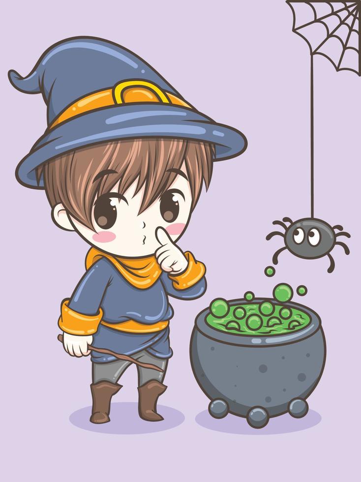 cute witch boy cartoon character - happy Halloween vector