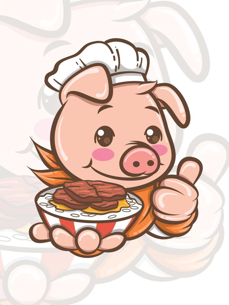 Lindo personaje de dibujos animados de cerdo chef presentando comida de cerdo cantonesa - mascota e ilustración vector