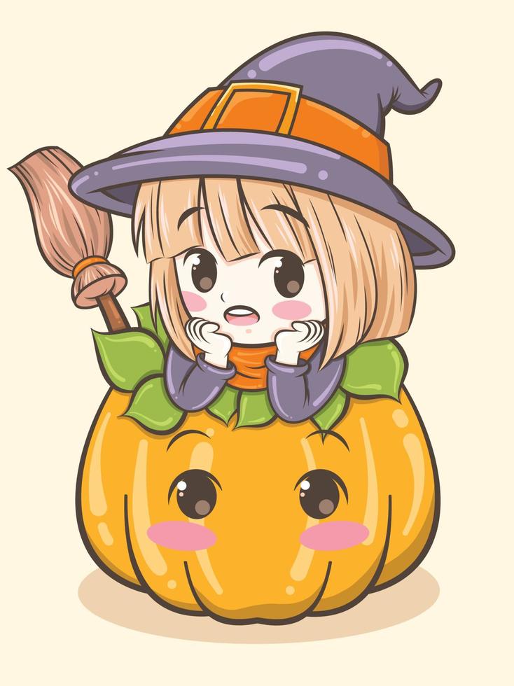 cute witch girl and pumpkin cartoon character - happy Halloween vector
