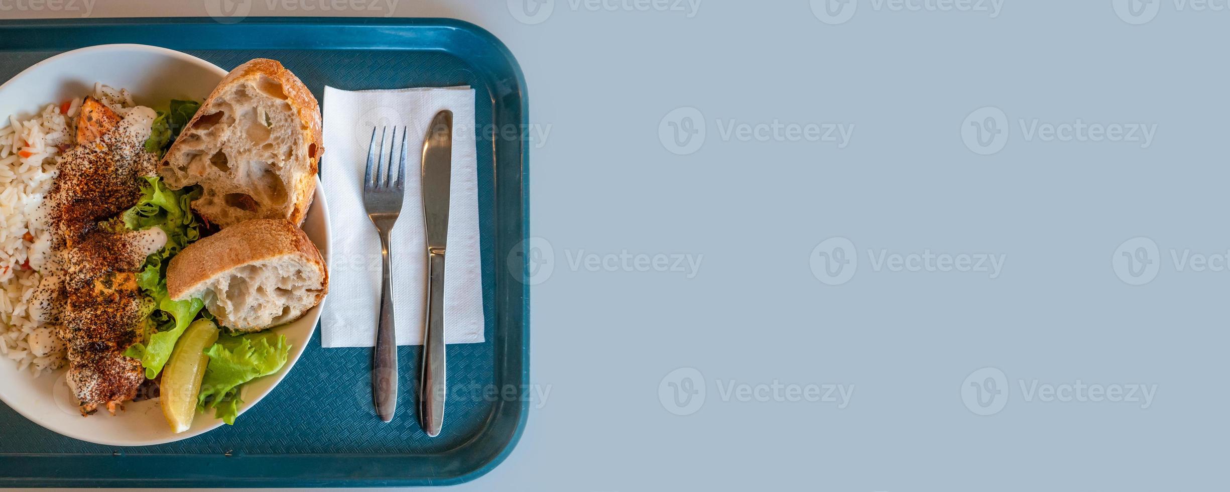 Banner with delicious and appetizing grilled red fish, homemade bread, rice and salad served at a tray with fork and knife with light blue smooth background for copy space text, details, closeup. photo