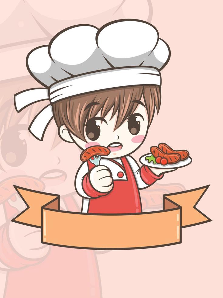 Chico lindo chef de barbacoa sosteniendo una salchicha a la parrilla - personaje de dibujos animados e ilustración de logotipo vector