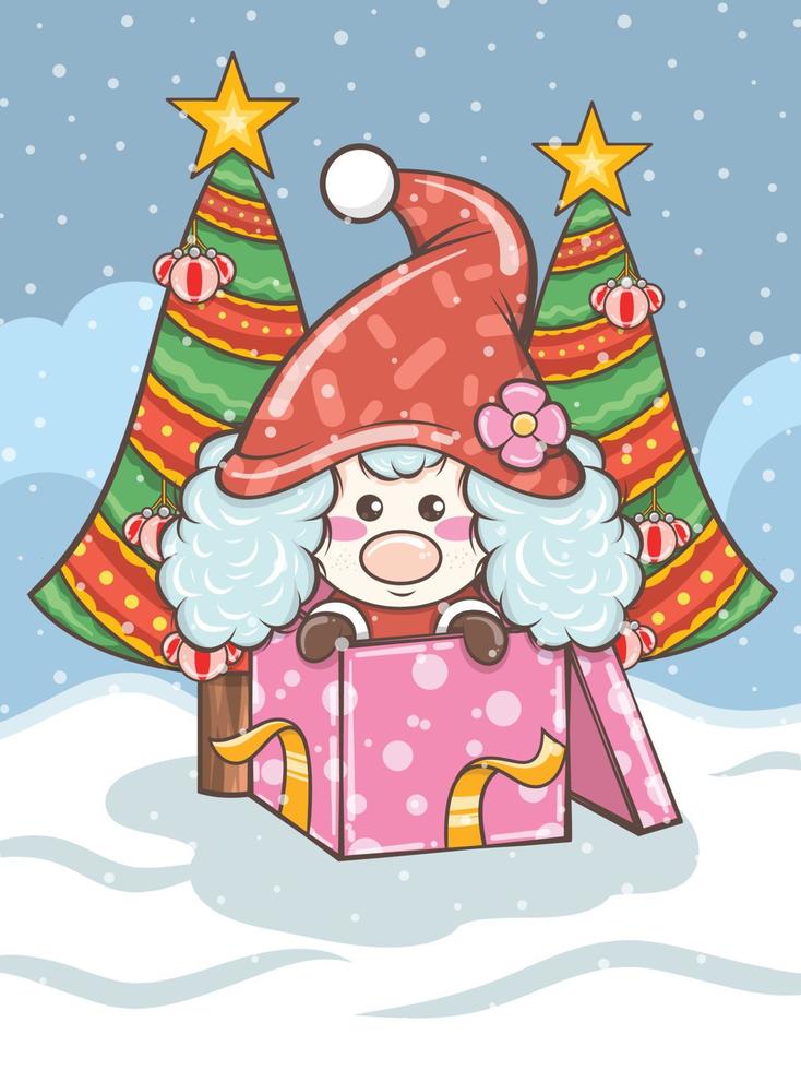 cute gnome girl illustration with Christmas gift box vector