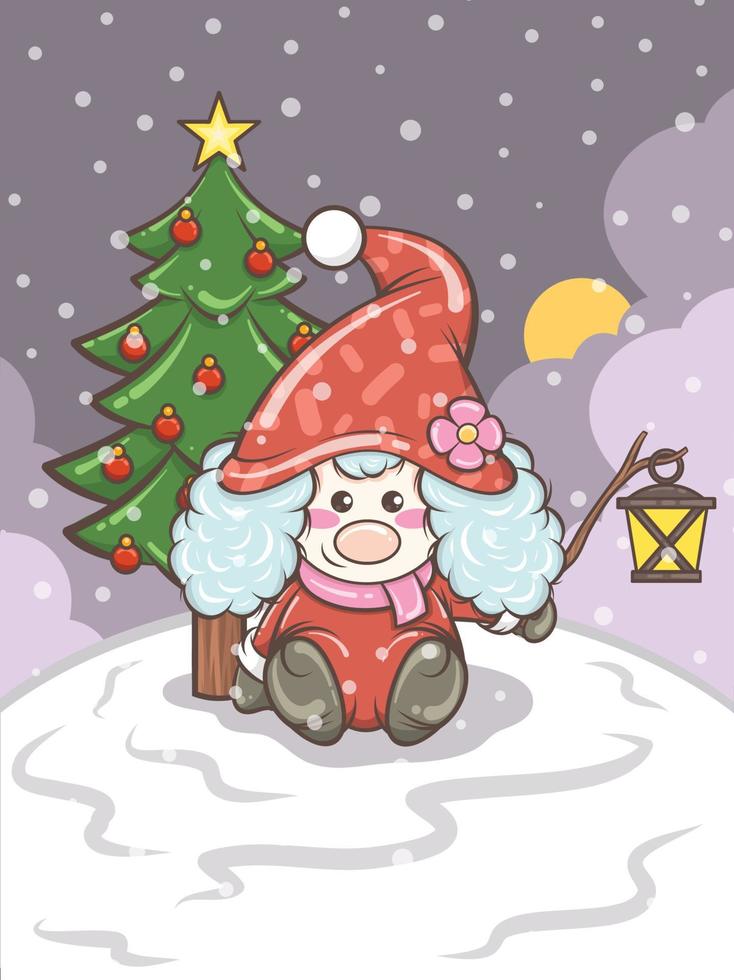cute gnome girl holding a lantern Christmas illustration vector