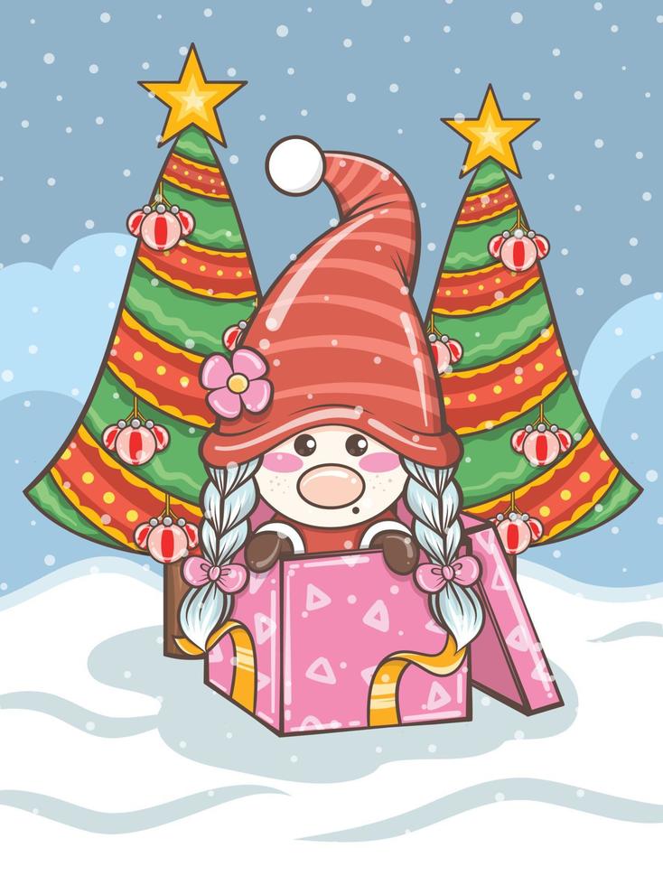 cute gnome girl illustration with Christmas gift box vector