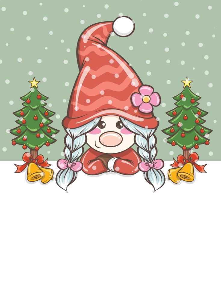 linda ilustración de niña gnomo con campana de navidad vector