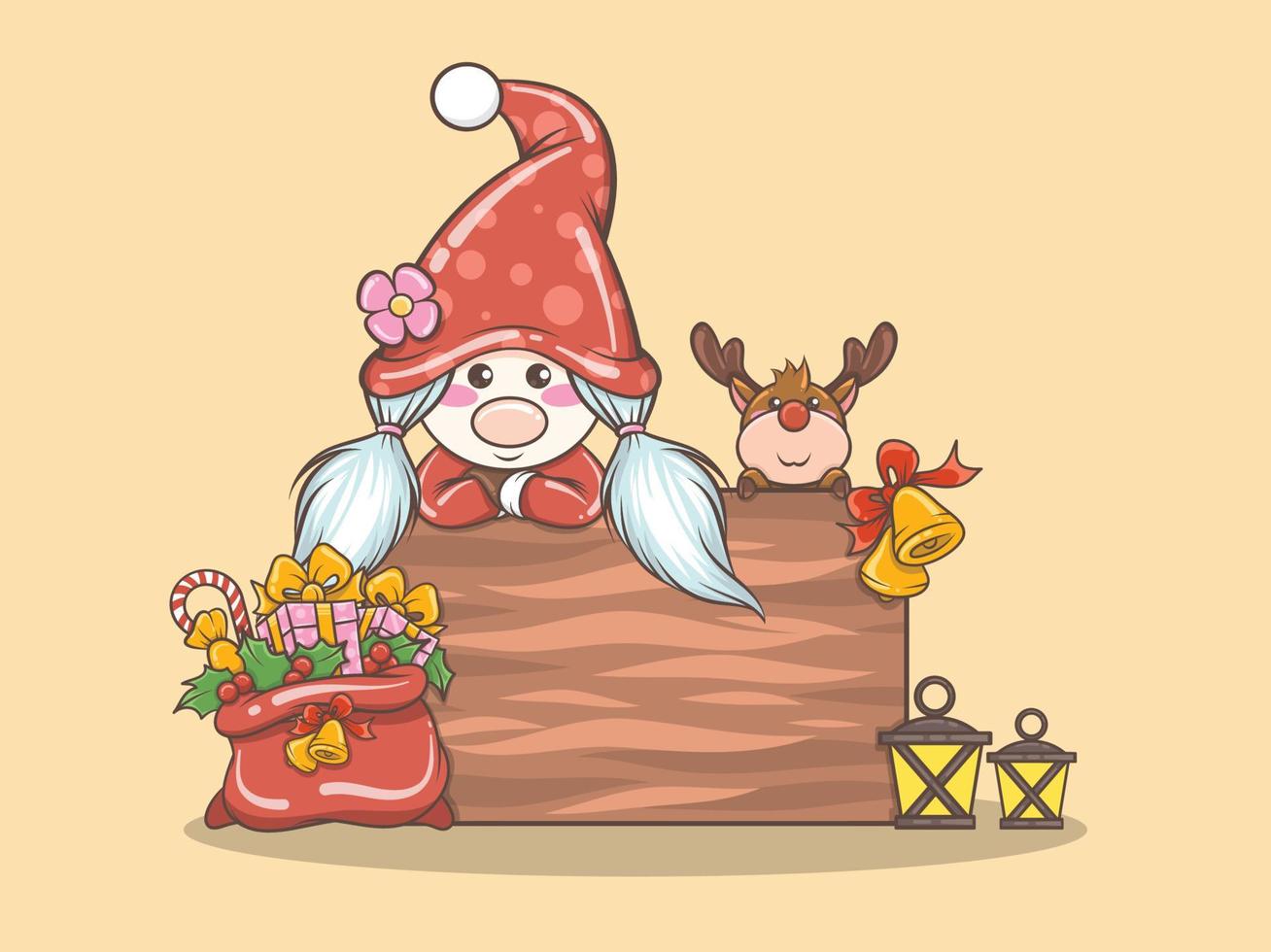 cute gnome girl with deer merry Christmas illustration vector