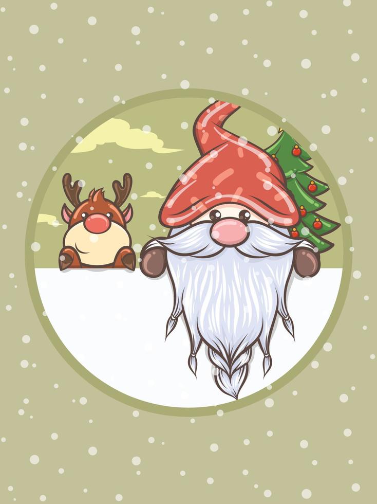 cute gnome illustration with deer Christmas vector