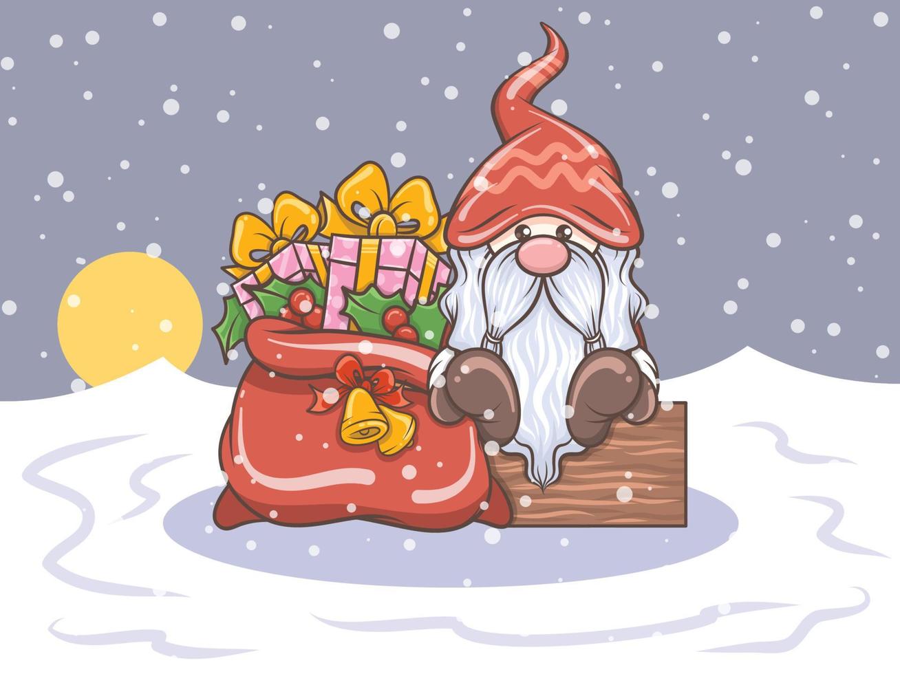 cute gnome illustration with Christmas gift bag vector