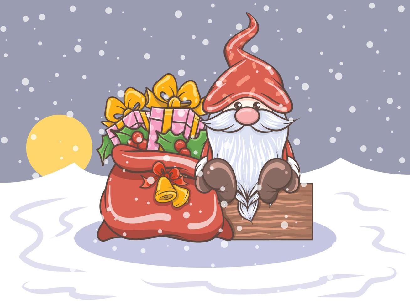 linda ilustración de gnomo con bolsa de regalo de navidad vector