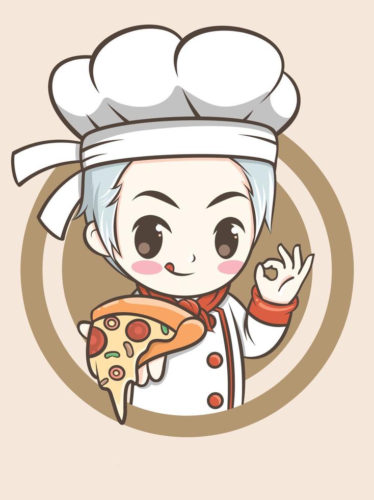 cute chef boy holding a pizza slice. fast food logo illustration concept vector
