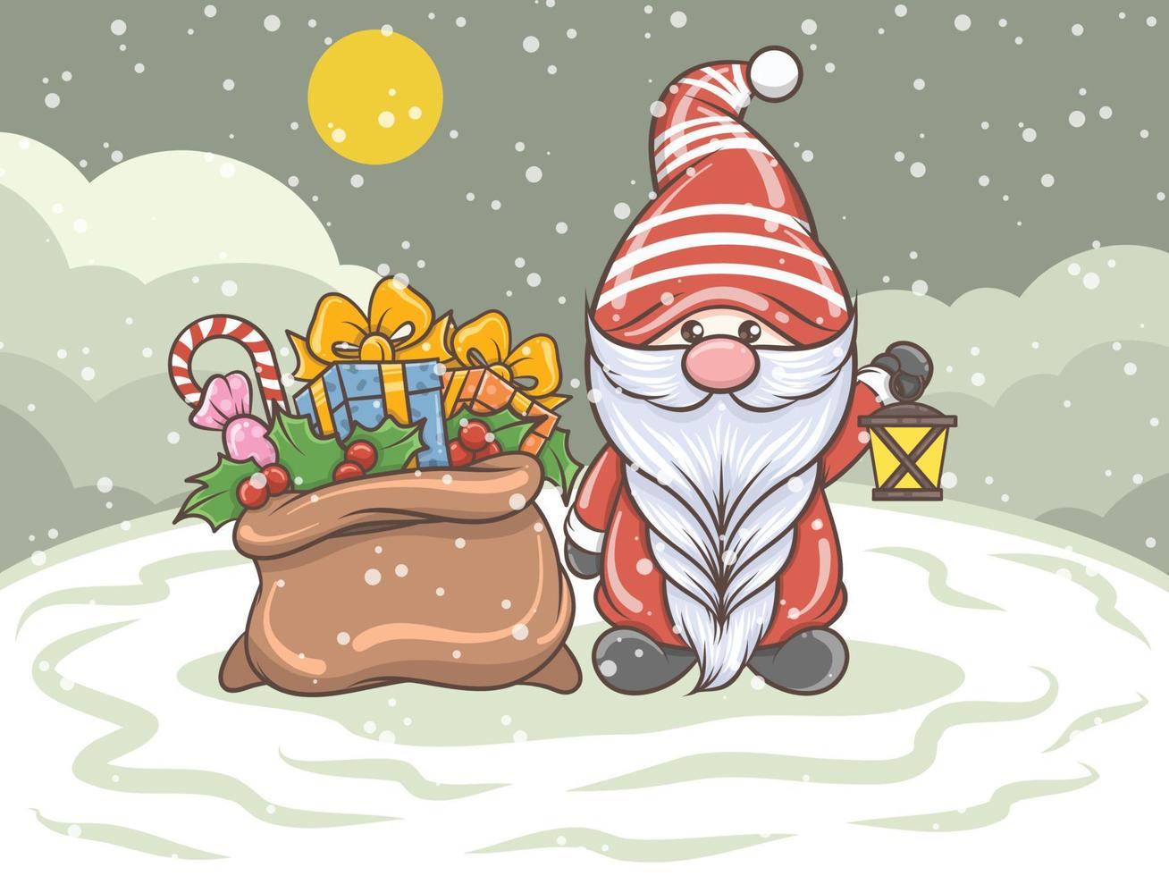 cute gnome holding a lantern Christmas illustration vector