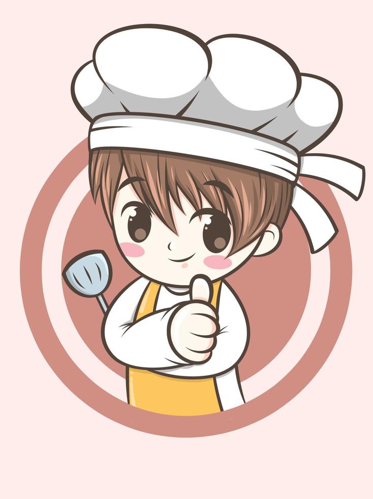 cute chef boy holding a spatula - chef cartoon vector
