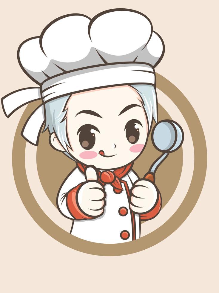 lindo niño chef sosteniendo una cuchara de dibujos animados de chef de sopa vector