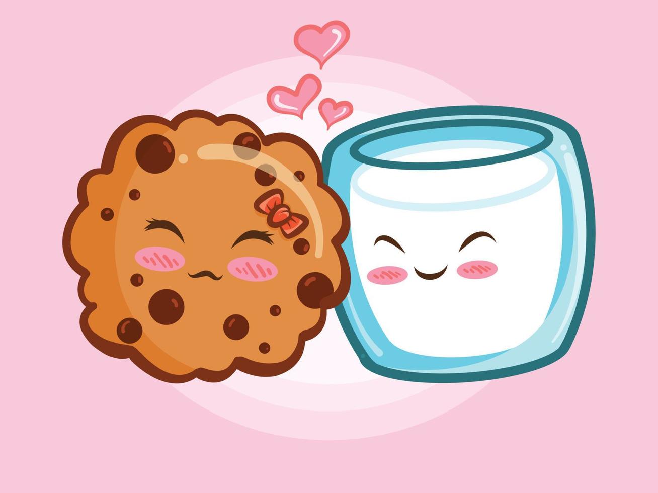 Cute cookies choco chips and milk glass couple concept. cartoon vector